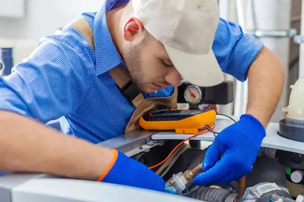 Técnico reparando la instalación hidráulica de una caldera doméstica